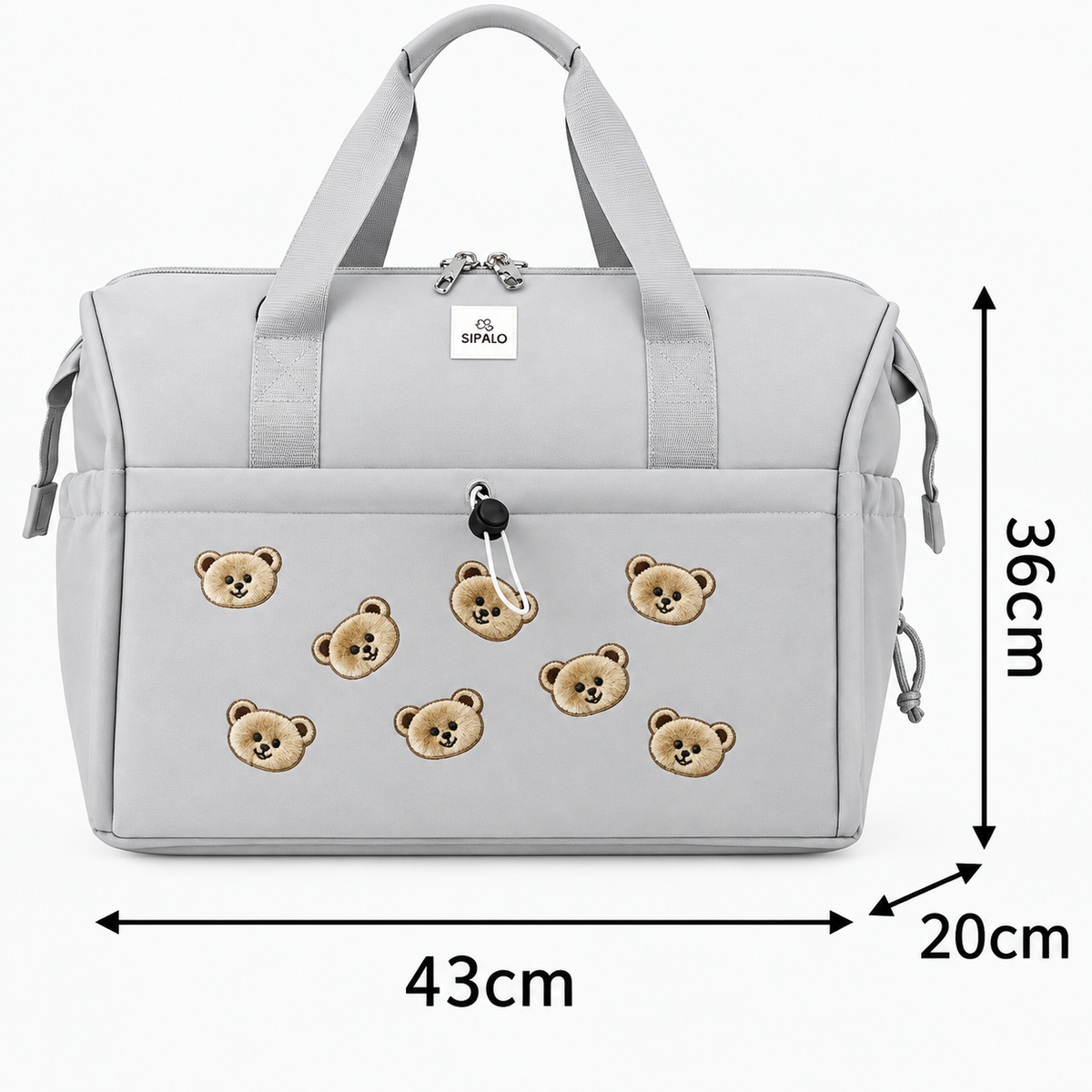 Grey teddy bear easy carry mommy bag on a white background, showing front bear applique pocket and 43 x 36 x 20 cm measurements