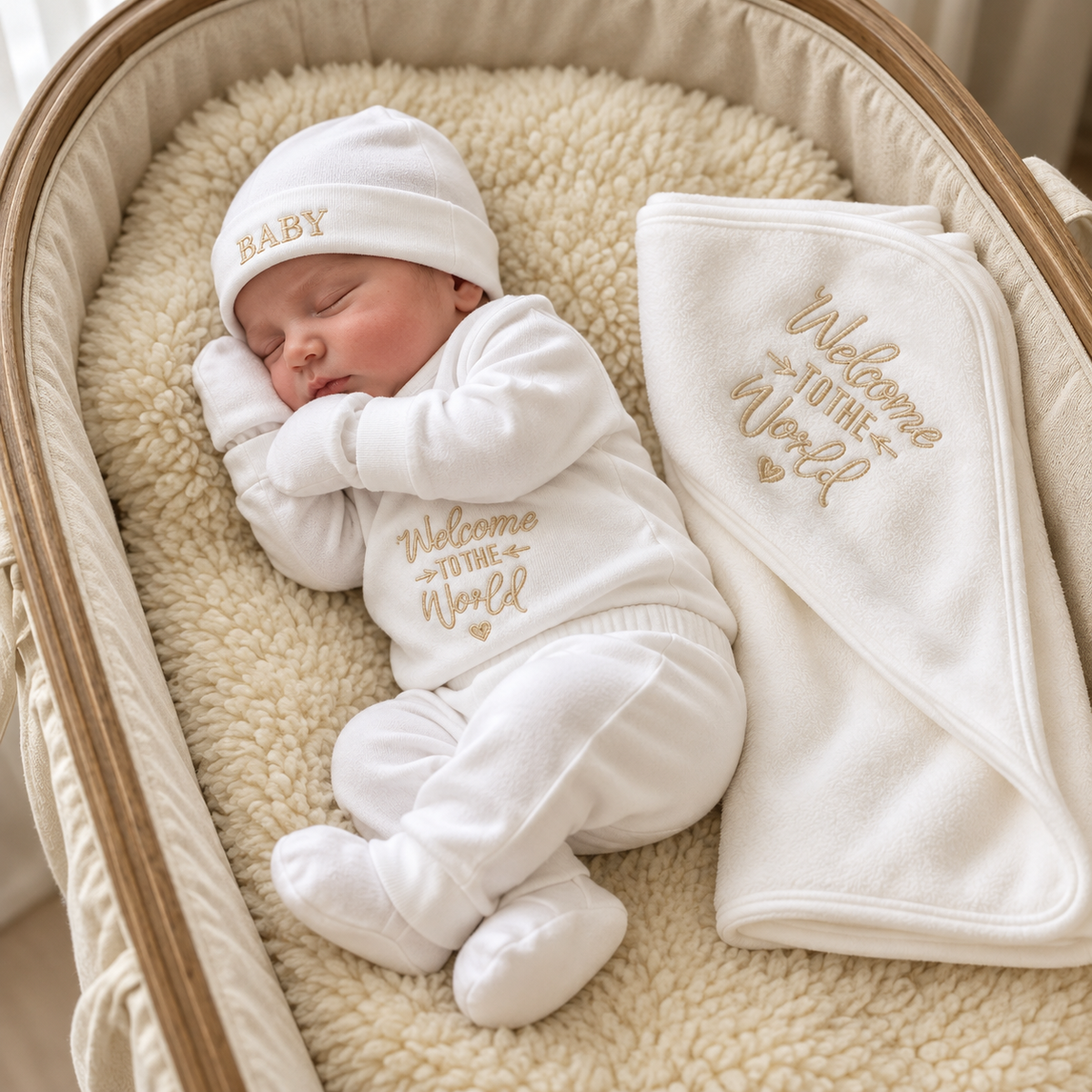 Sleeping newborn wearing the White Welcome to the World embroidered shirt, trousers, cap, mittens and booties beside the matching embroidered wrap blanket in a bassinet.