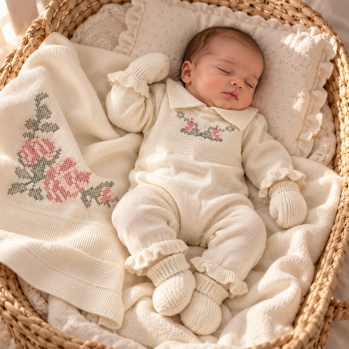 Sleeping baby wearing the Cream rose embroidered collared knit romper with mittens and booties, wrapped beside the matching floral blanket in a wicker basket.