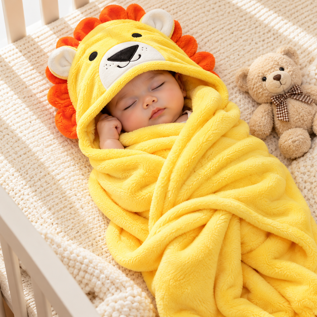 Sleeping baby in a Yellow lion hooded blanket swaddle, with a friendly lion face, rounded ears and raised Orange mane around the hood