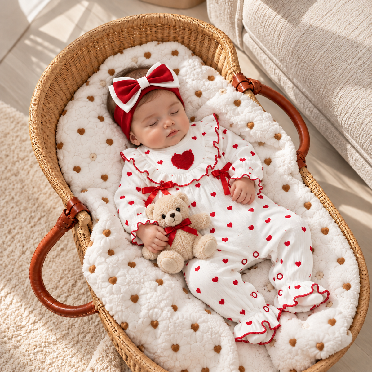 Sleeping baby wearing a Cream and Red heart-print full-length romper with ruffle yoke, waist bows and oversized Red bow headband in a wicker basket.