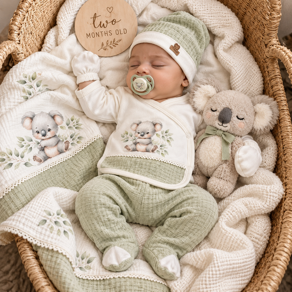 Sleeping baby wearing the Light Green koala starter-set wrap shirt, textured-look footed trousers, mittens and cuffed cap beside a two months old milestone sign.