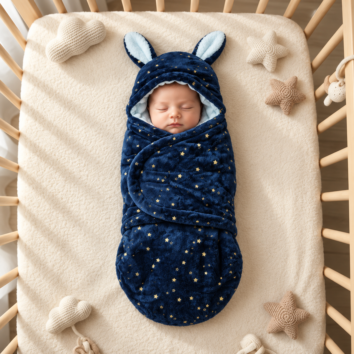 Sleeping baby wrapped in a Navy Blue quilted star-print hooded swaddle with upright White-lined bunny ears, shown from above in a cosy nursery cot.