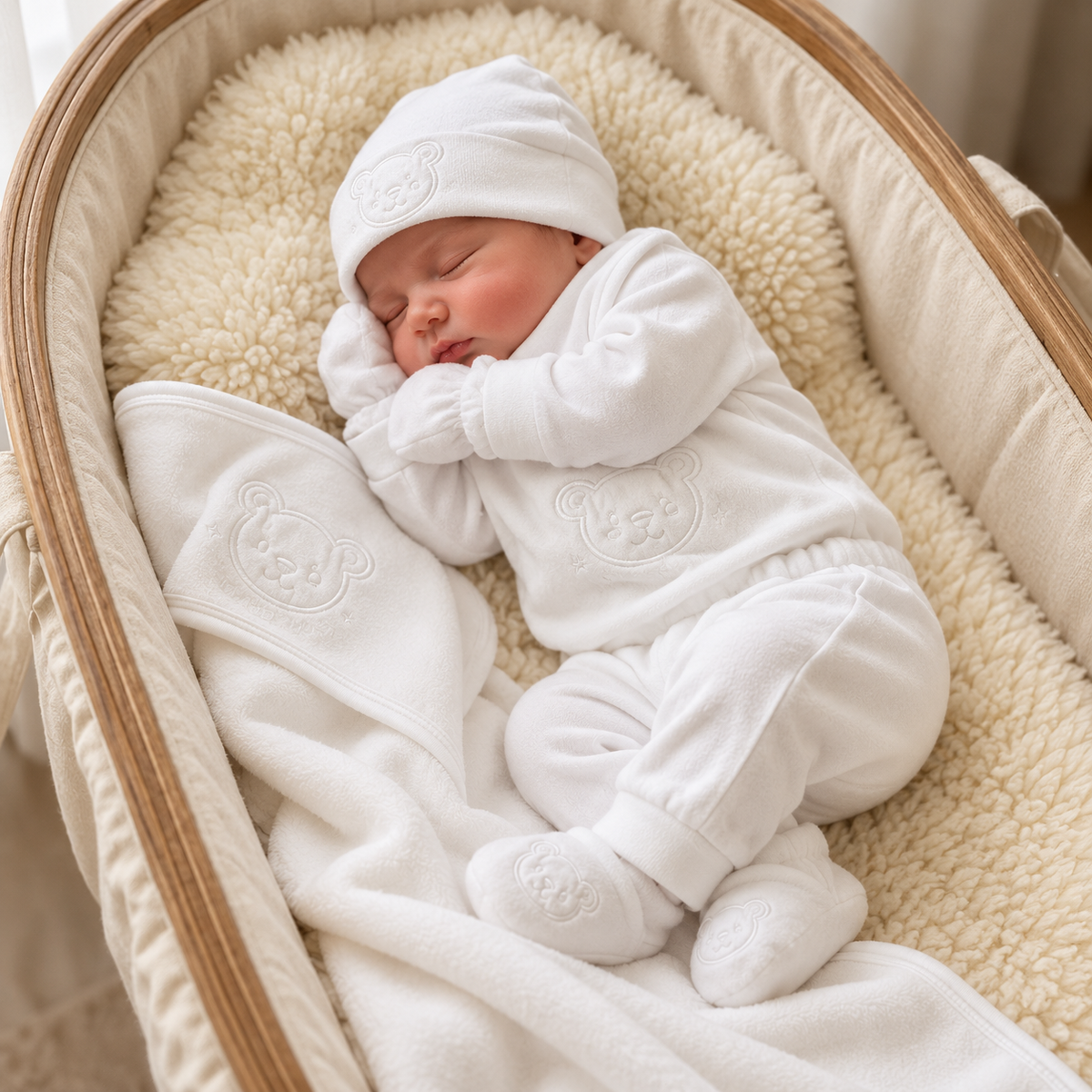 Sleeping newborn wearing the White teddy embroidered shirt, cuffed trousers, cap and booties beside the matching embroidered wrap in a cream bassinet.