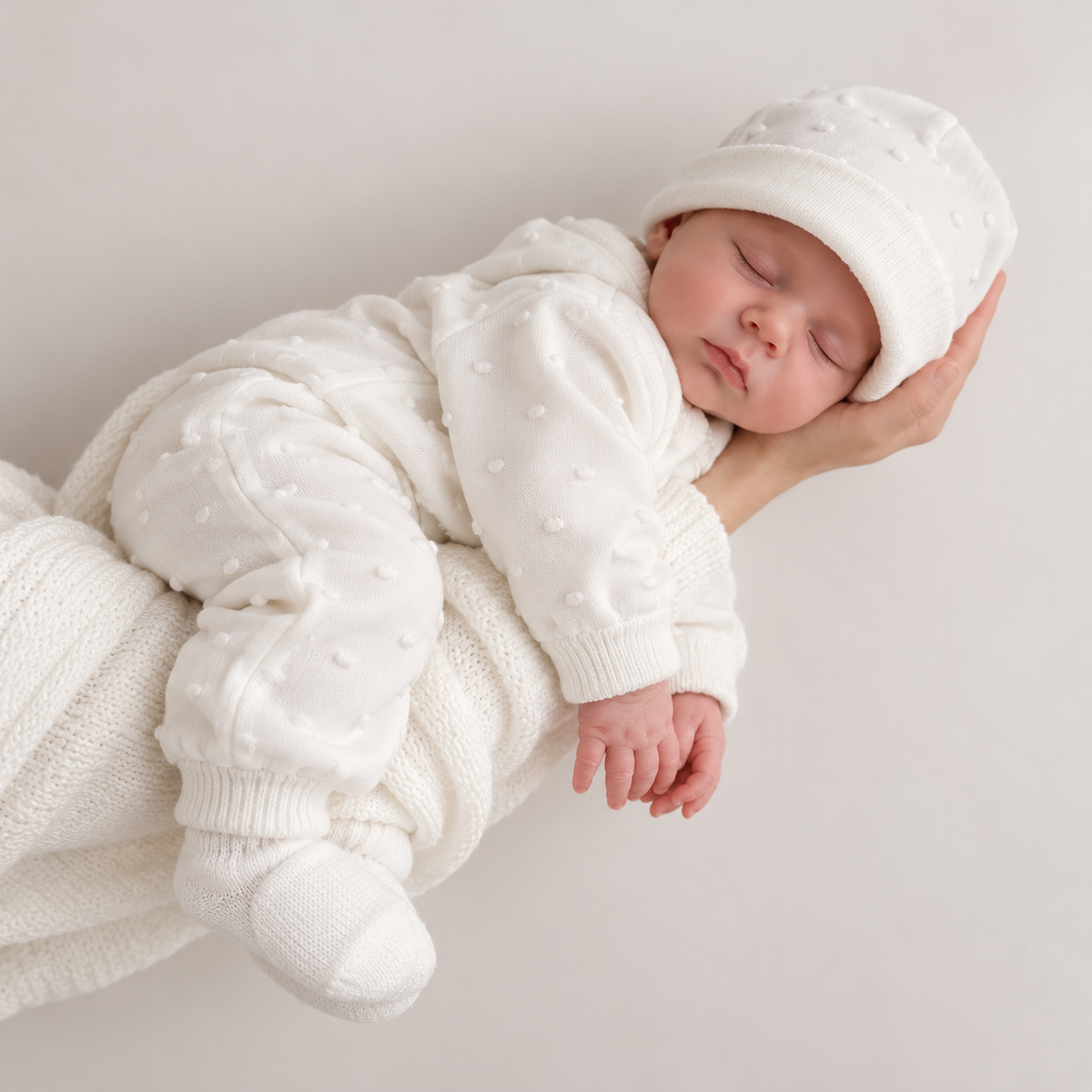 Sleeping newborn wearing the White bobble-textured knit-look top, trousers, cap and booties from the 6-piece starter set.