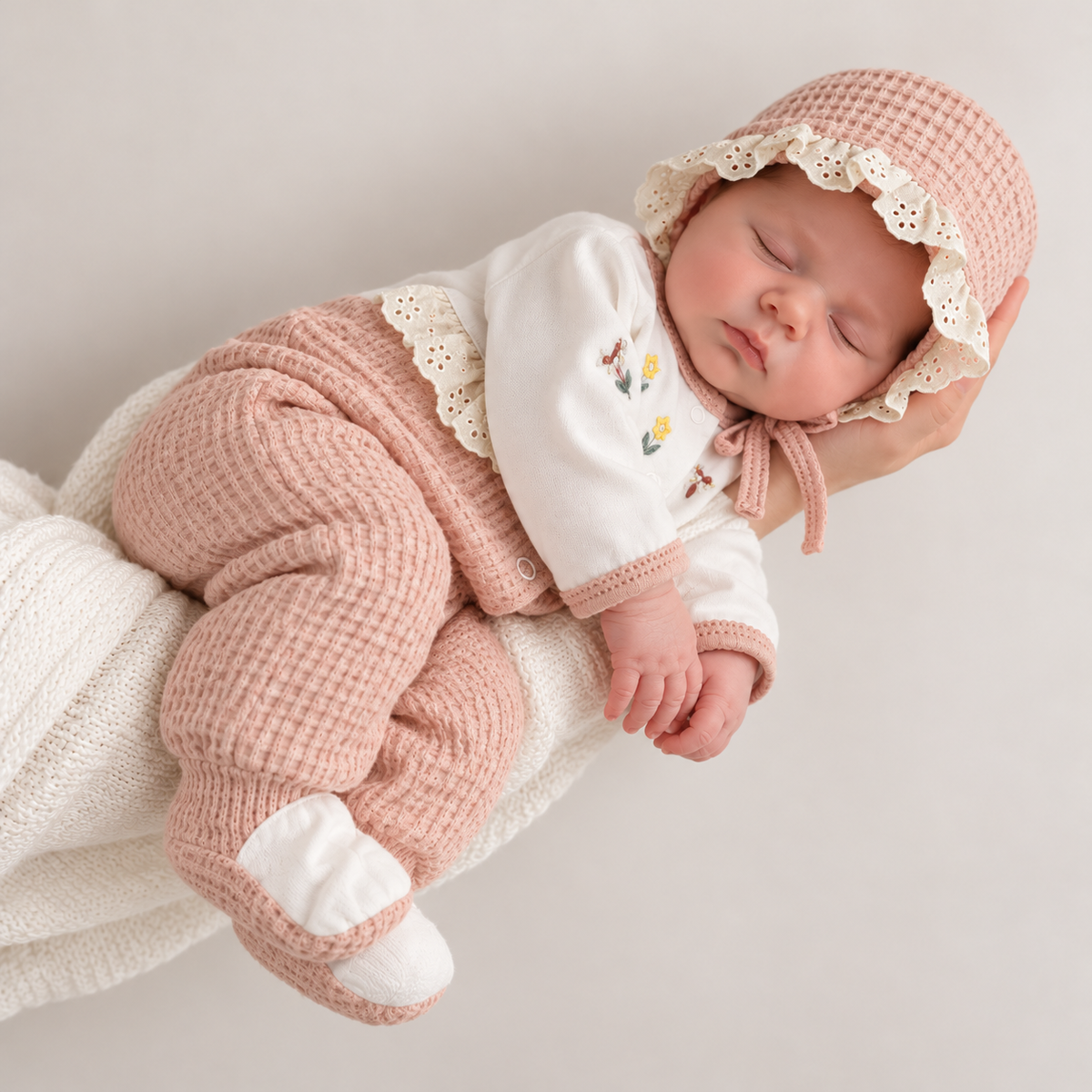 Sleeping newborn wearing the Pink floral eyelet knit 5-piece starter set, with ruffle bonnet, snap-front top and enclosed-foot trousers.