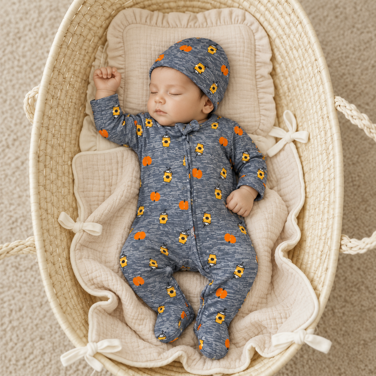 Sleeping newborn wearing the Grey marled pumpkin-print footed zip romper and matching cap from the 6pc starter set, photographed in a woven basket.