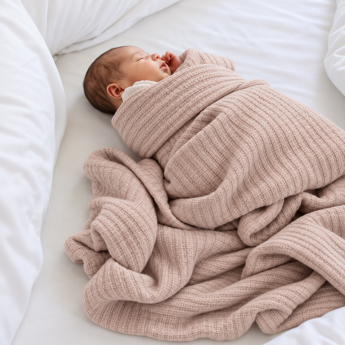 Newborn baby sleeping on White bedding, wrapped in a blush Pink ribbed knit wrapping shawl with an extra draped layer beneath.