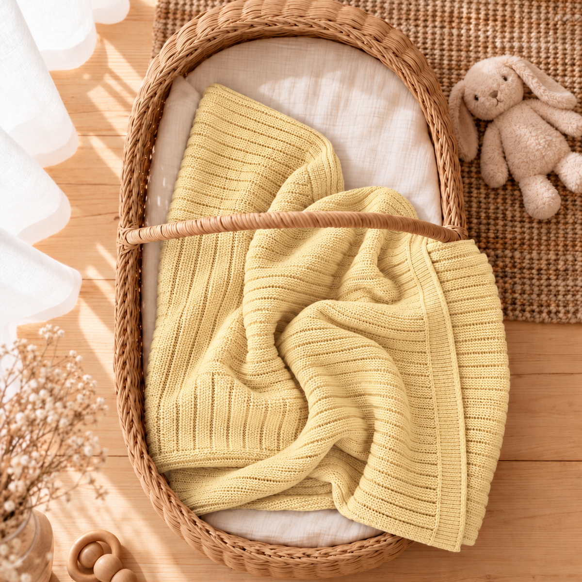 Butter Yellow ribbed knit baby wrapping shawl folded in a sunlit woven nursery basket, highlighting the textured border finish.