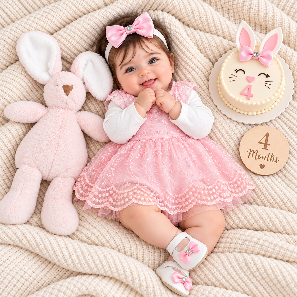 Baby girl wearing the Pink lace bow frock set with White inner, matching bow headband and White bow shoes during a 4-month milestone portrait.