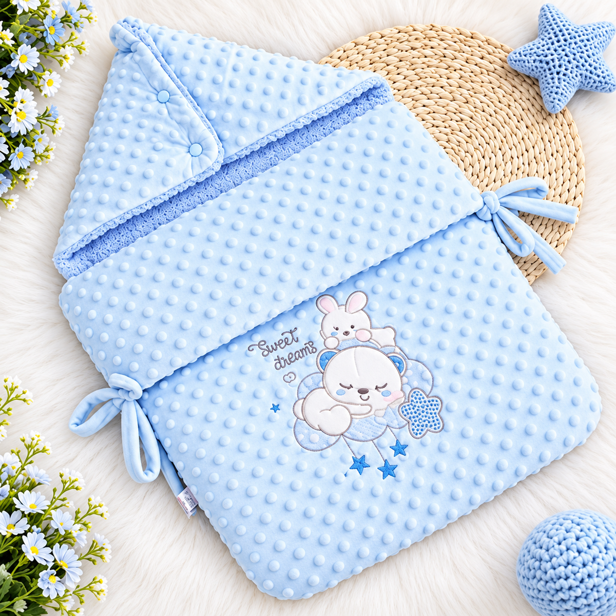 Light Blue Sweet Dreams hooded baby swaddle displayed flat, featuring raised dotted texture, buttoned hood, plush-look inner lining, side bows and star character print.
