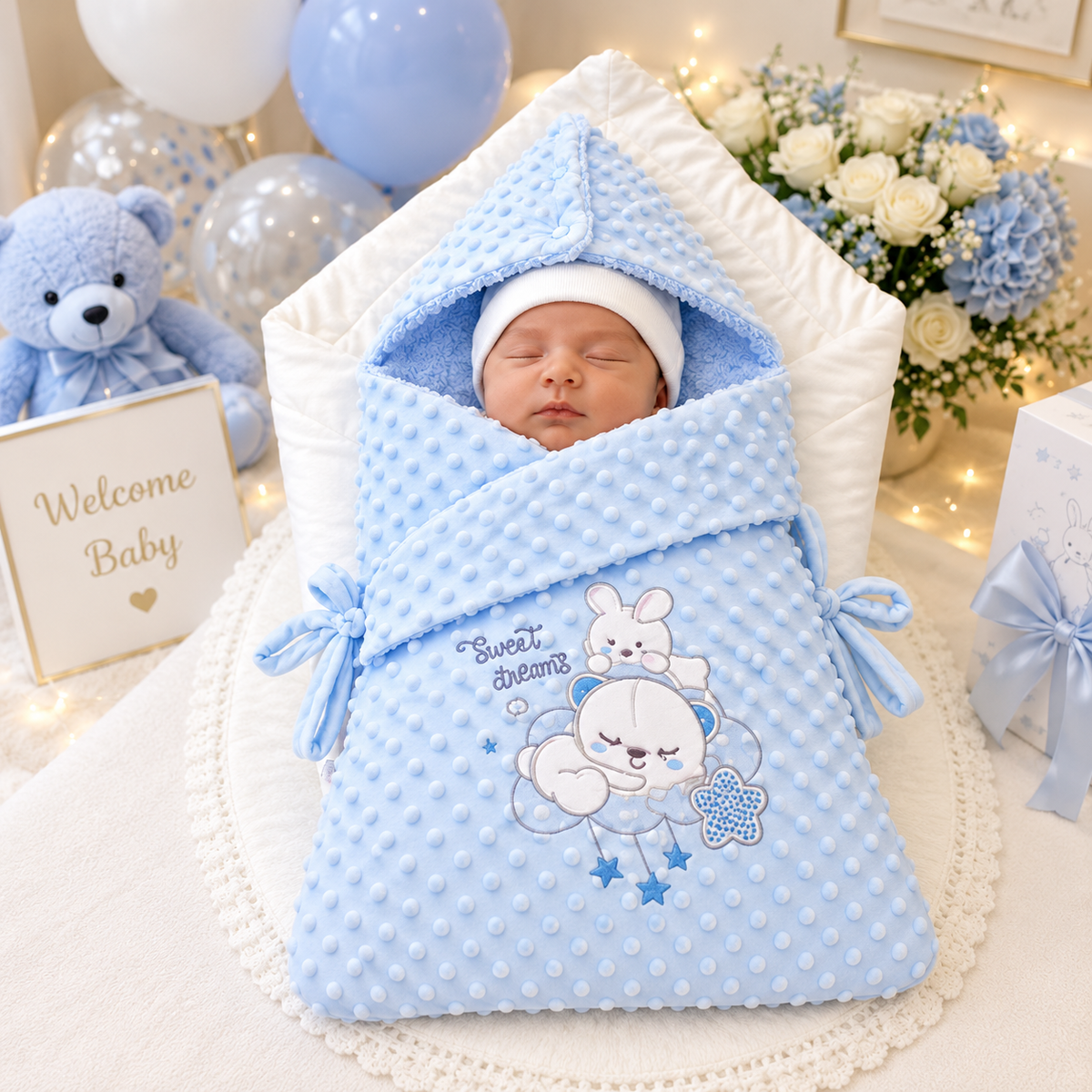 Baby wrapped in a light Blue Sweet Dreams hooded swaddle for a newborn announcement photo, with a bunny-and-sleeping-character front design and tied sides.