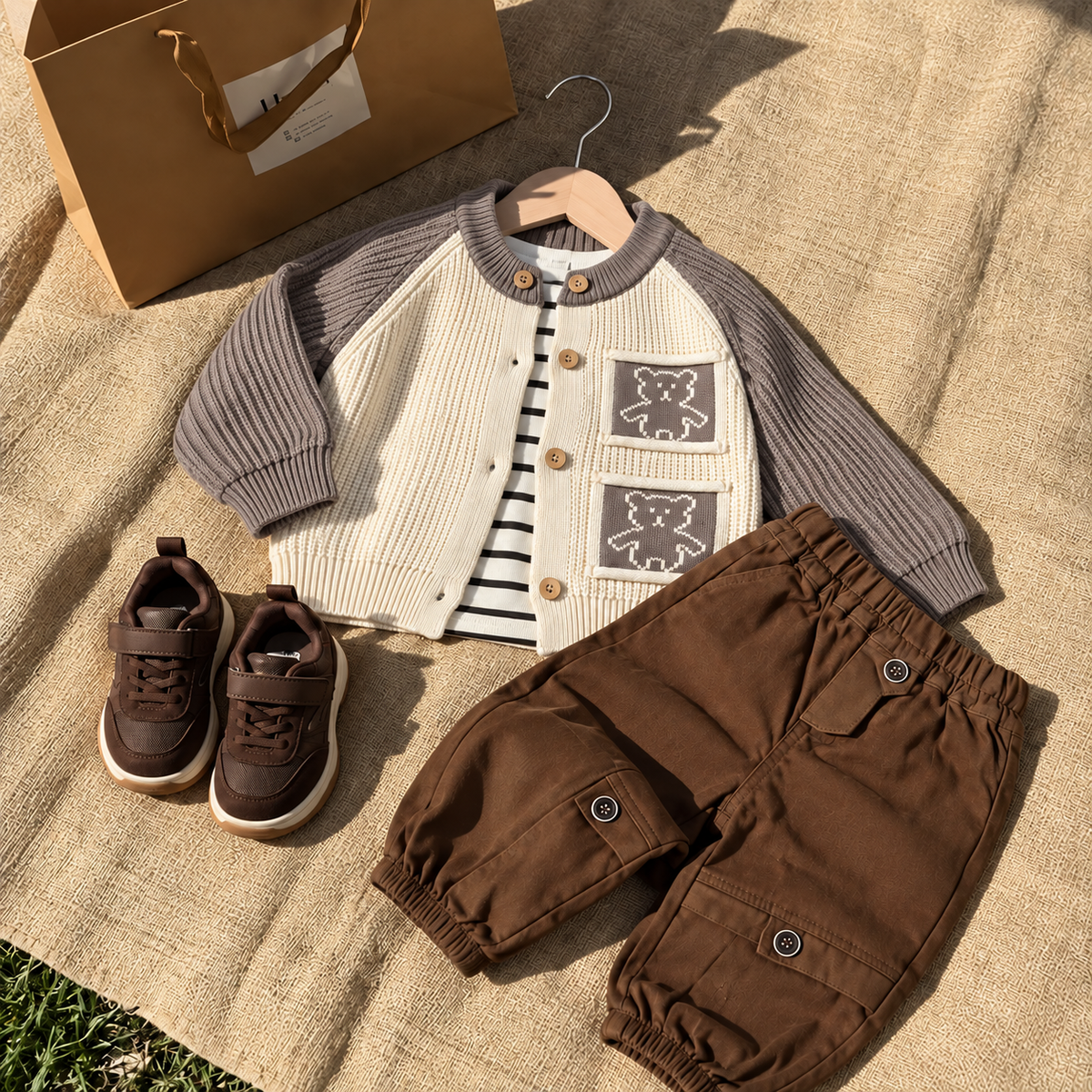 Brown, Grey and Cream boys 3-piece sweater suit flat lay with bear-pocket knit cardigan, striped shirt and Brown cargo trousers.