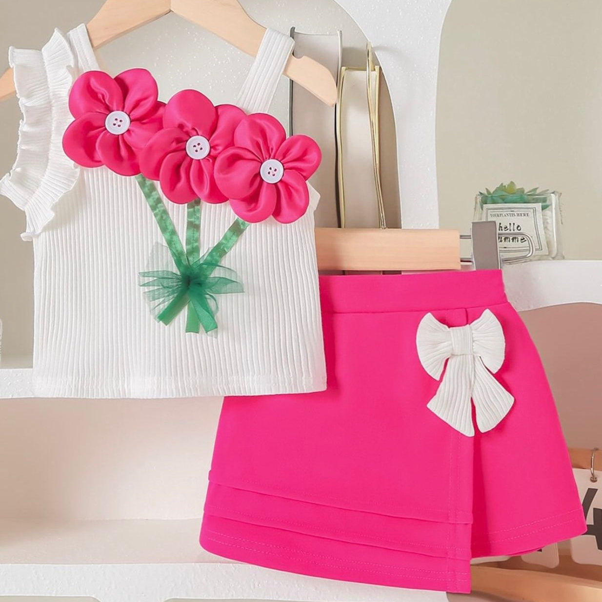 Children's outfit with white top and pink skirt on a hanger against a neutral background