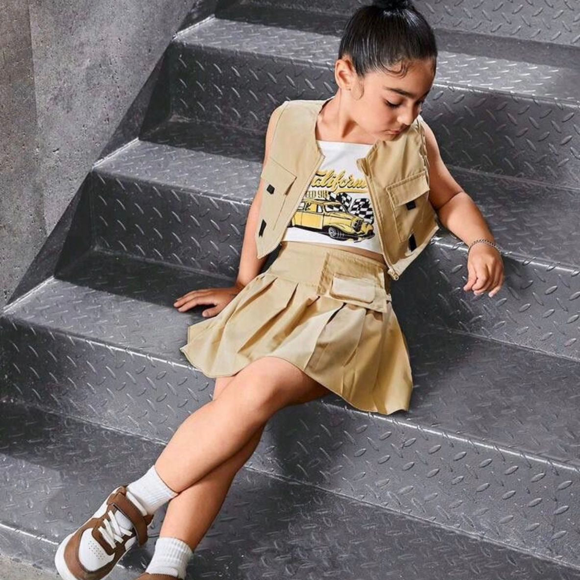 Child sitting on a set of stairs wearing a beige outfit with a vest and skirt.