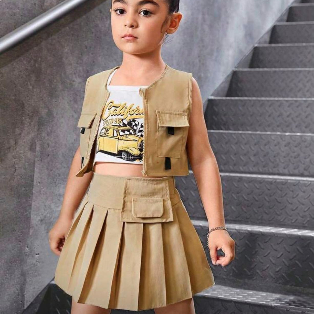 Child wearing a beige vest and skirt standing on a staircase