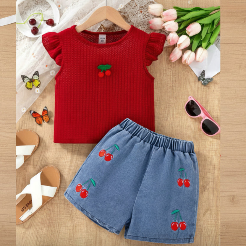 Cherry Bliss Denim Shorts Set