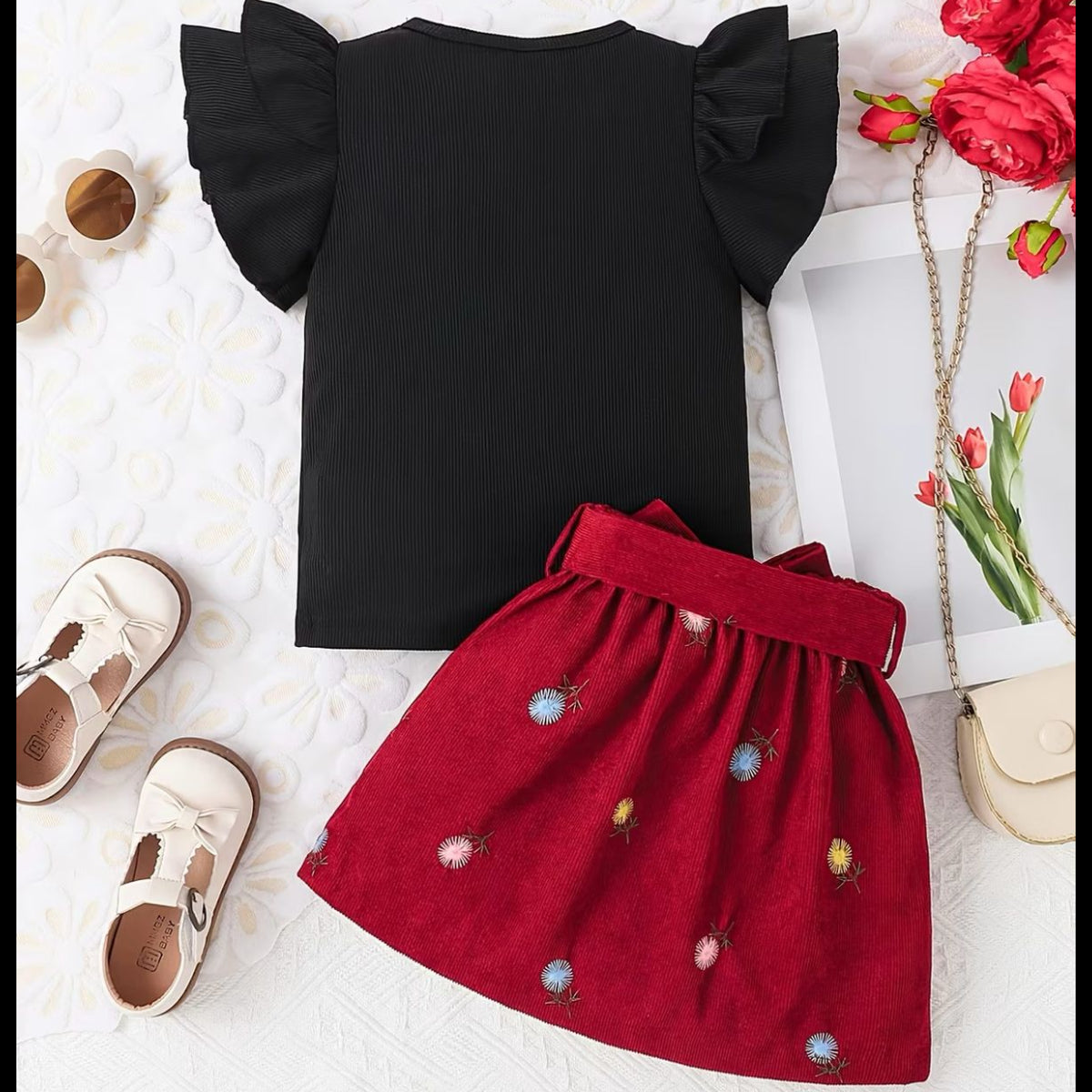 Black top and red skirt set with floral decorations on a light background