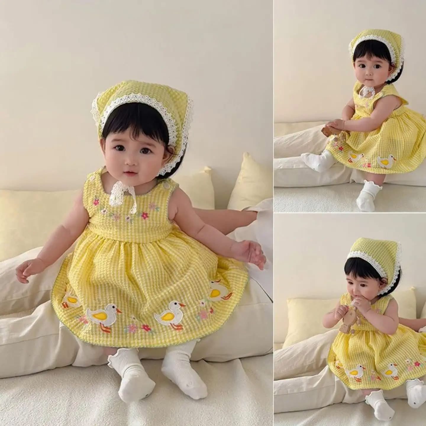 Baby Duck Embroidered Gingham Dress with Matching Bonnet