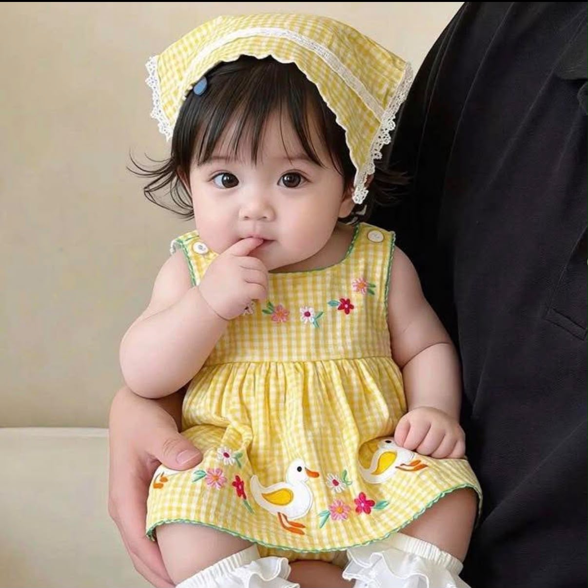 Baby Duck Embroidered Gingham Dress with Matching Bonnet
