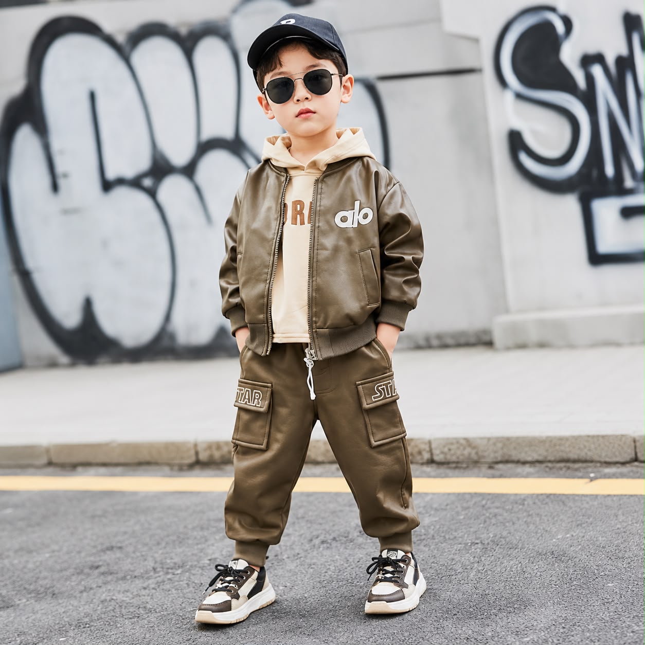 Boys Urban Leather Jacket Hoodie & Cargo Pants 3PC Set –3 Colors