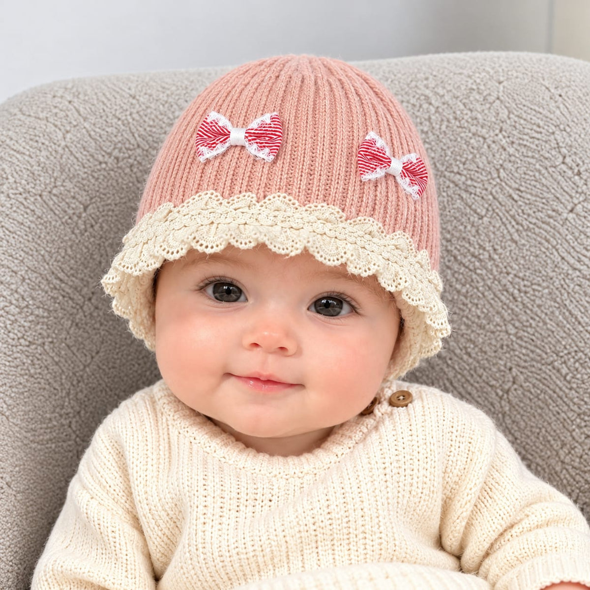 Baby Double Bow Lace Earflap Winter Cap