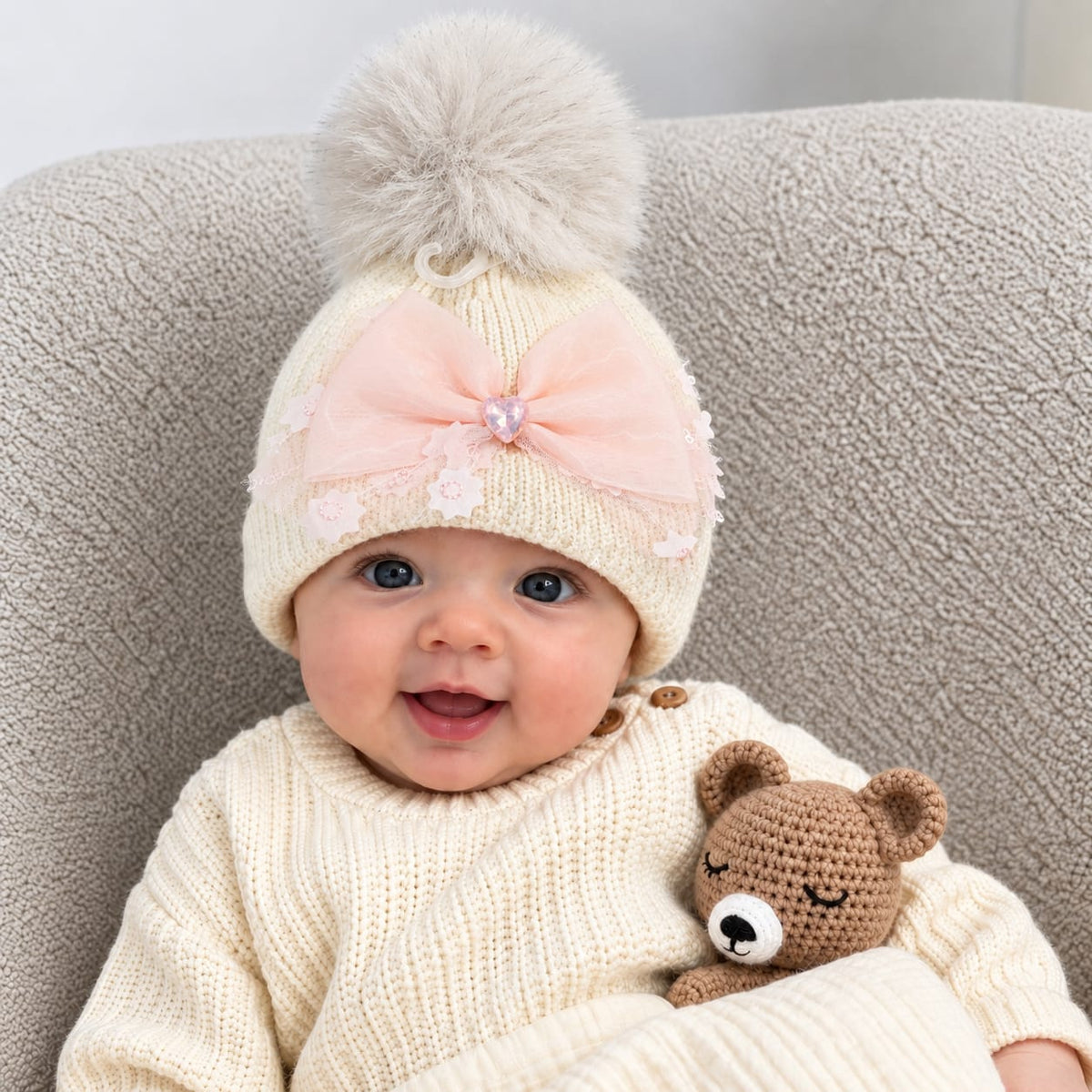 Baby Lace Bow Pom Pom Winter Cap