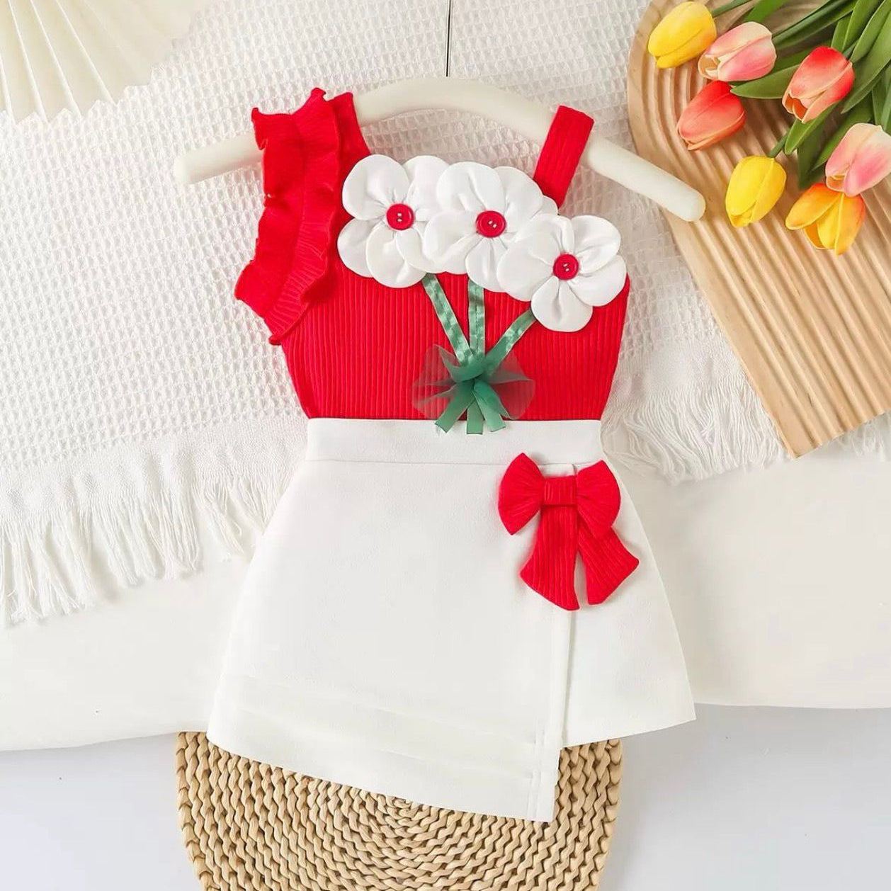 Red and white outfit with floral design on a hanger, next to a basket of flowers.