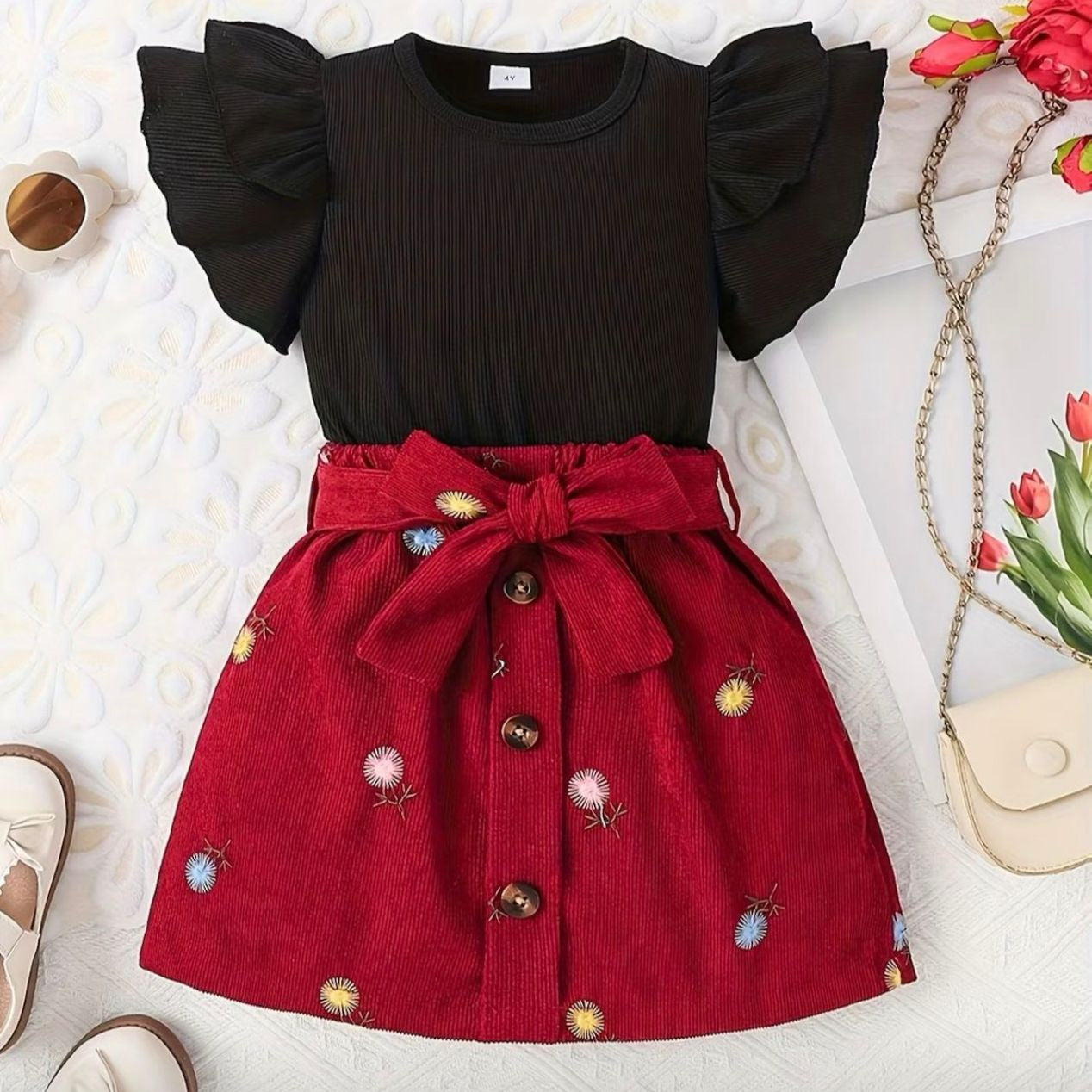 Black top with ruffled sleeves and a red skirt with decorative buttons on a white background.