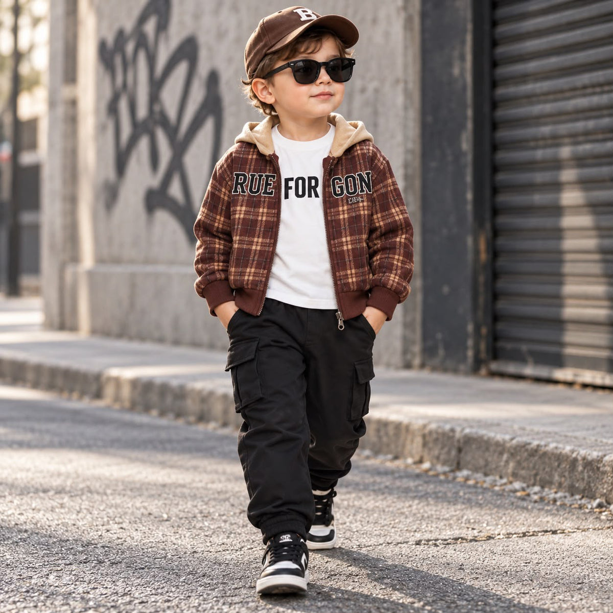 Boy wearing the Maroon checked hooded jacket with Cream hood lining, White printed shirt and Black cargo trousers outdoors.
