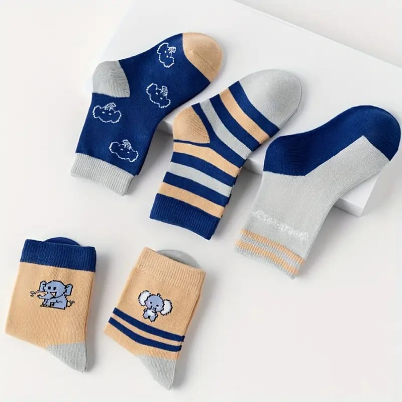 Flat lay of five coordinated baby socks in Navy Blue, Beige and Grey, showing elephant designs, striped details and contrast heel and toe panels.