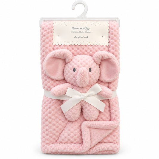 Pink dotted plush-look baby blanket folded in retail packaging with a matching pink elephant toy, White ribbon bow and hanging hook.