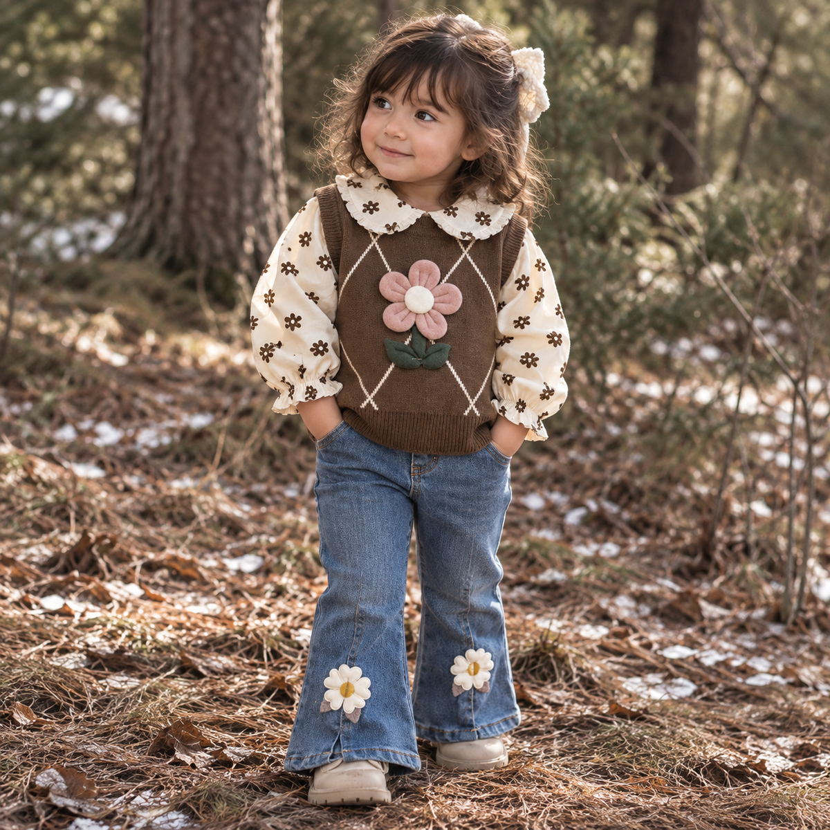 Girl wearing the Brown floral knit-look vest, Cream flower-print ruffle-collar shirt and Blue flared denim-look pants with flower appliques outdoors.