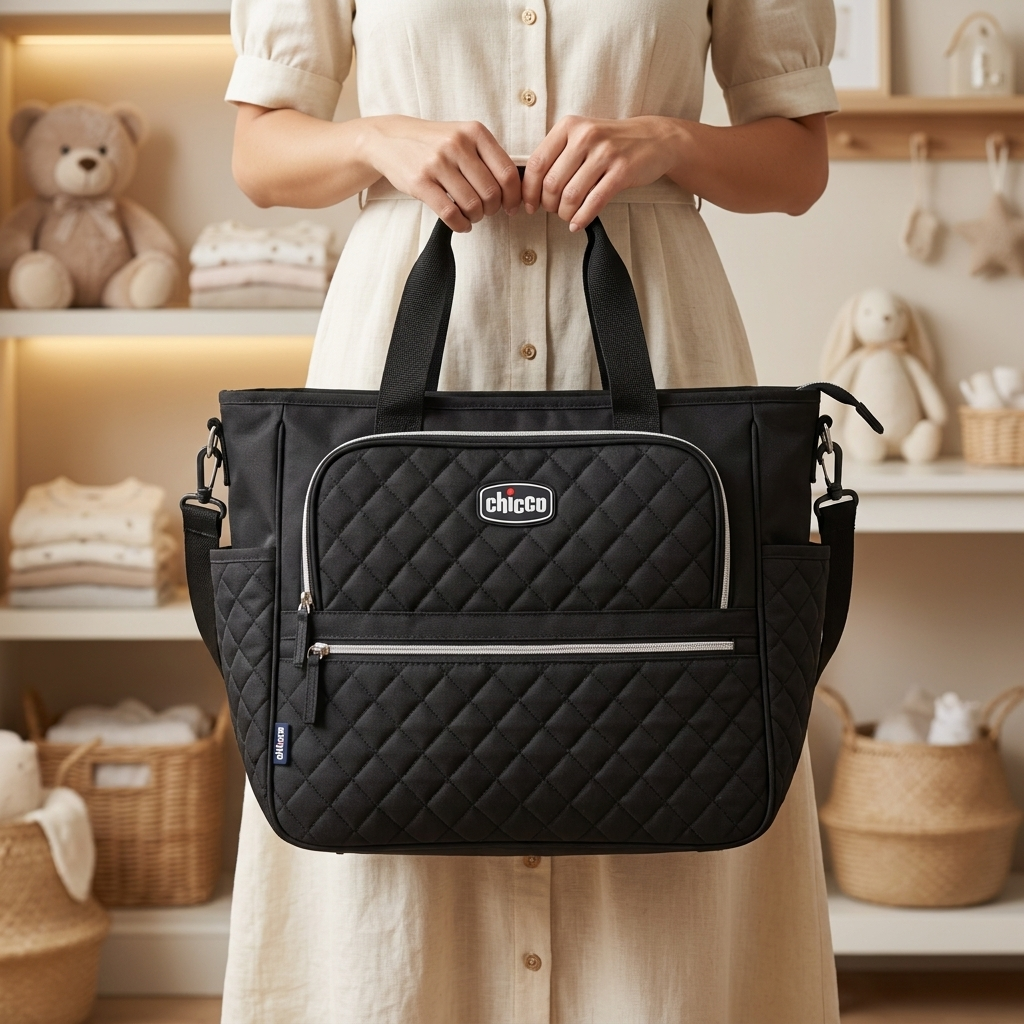 Black premium quilted mommy diaper bag in nursery setting