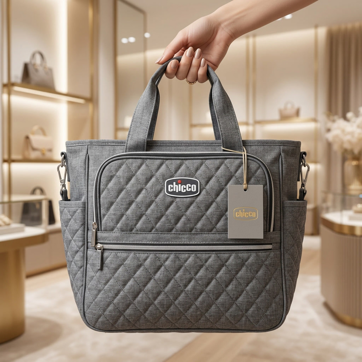 Grey premium quilted mommy diaper bag