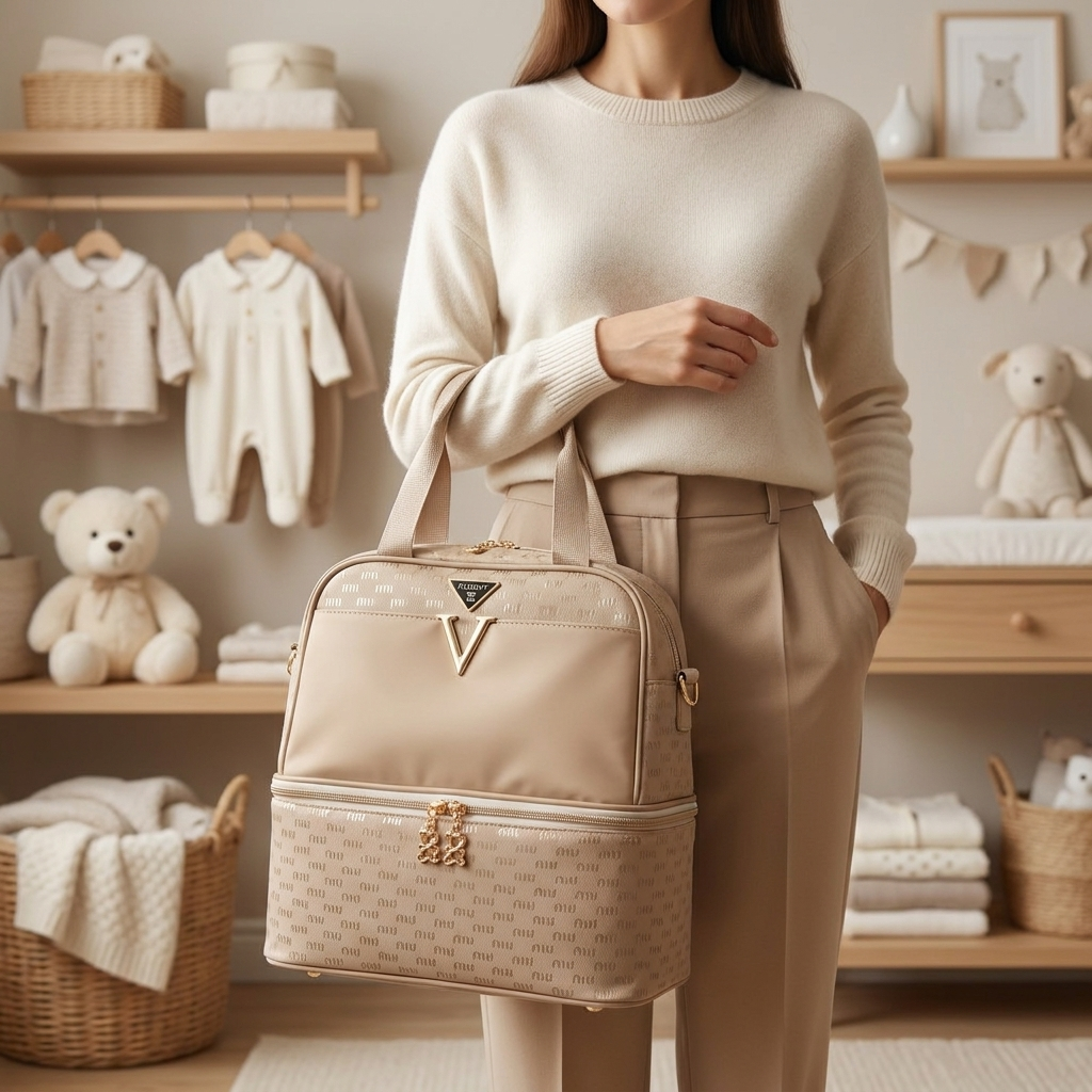 Beige luxury mommy diaper bag lifestyle image - Faba Kids