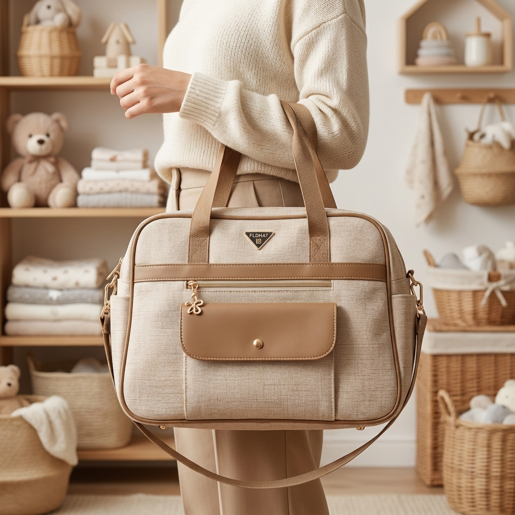 Light brown premium two-tone mommy diaper bag lifestyle