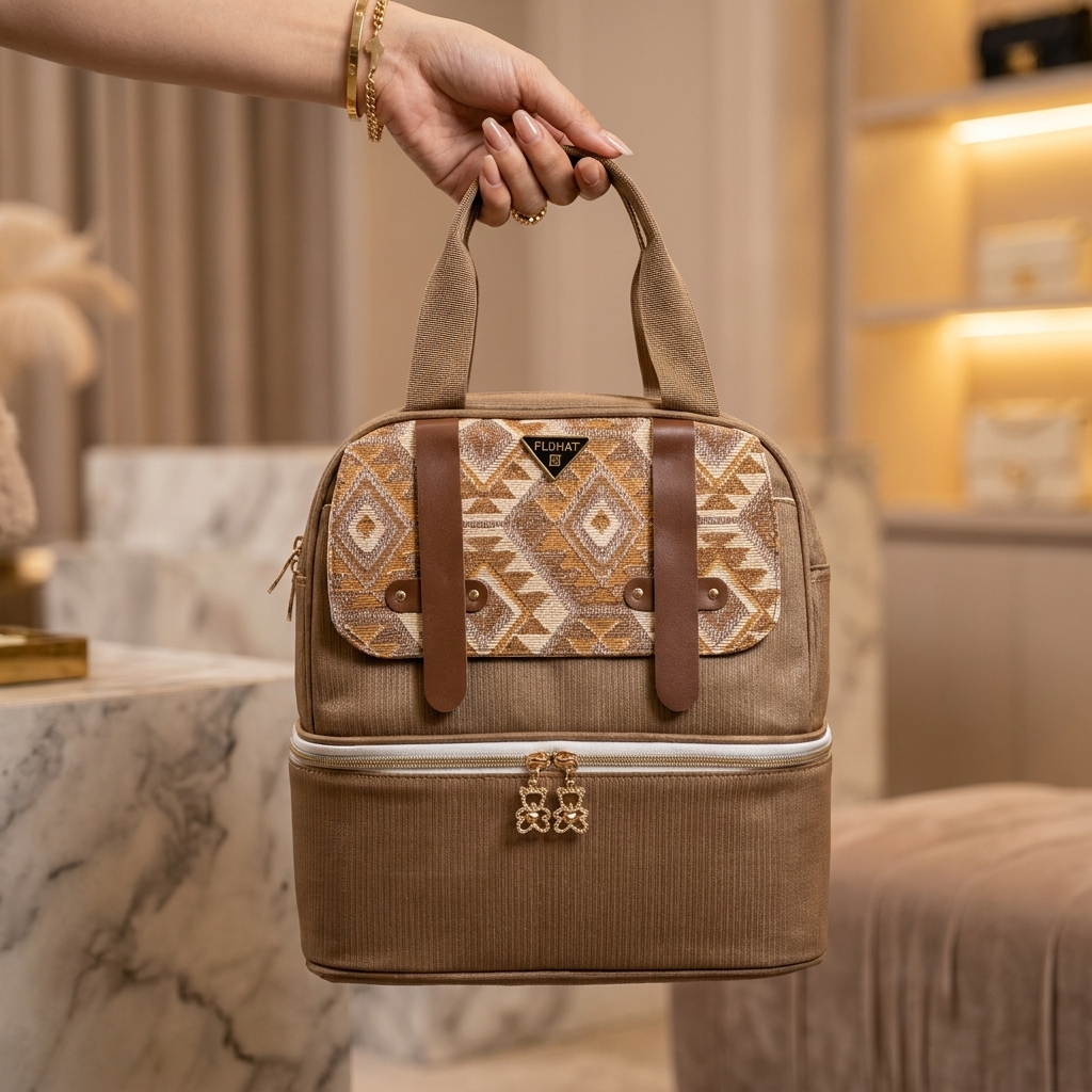 Brown luxury patterned mommy diaper bag close view