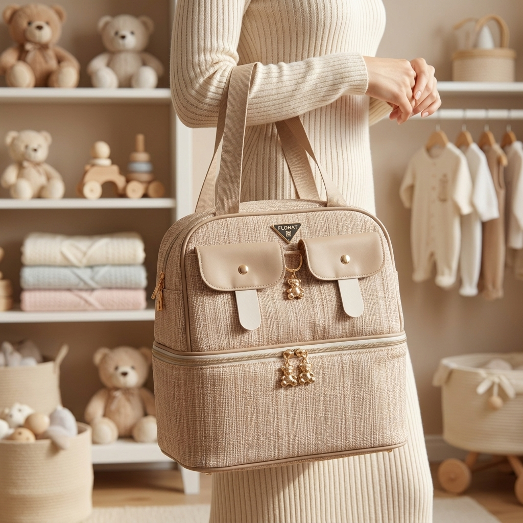 Beige luxury double-pocket mommy diaper bag lifestyle image - Faba Kids