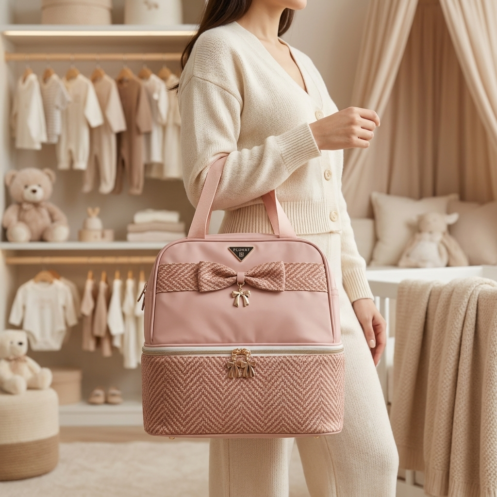 Pink luxury bow mommy diaper bag lifestyle image - Faba Kids
