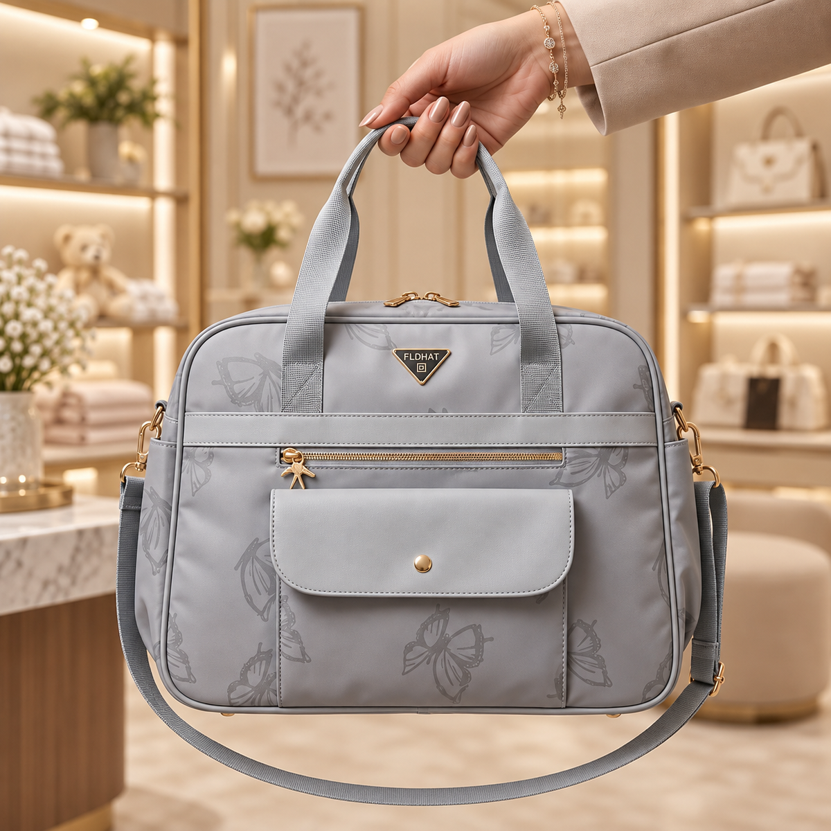 Grey premium butterfly mommy diaper bag in luxury setting
