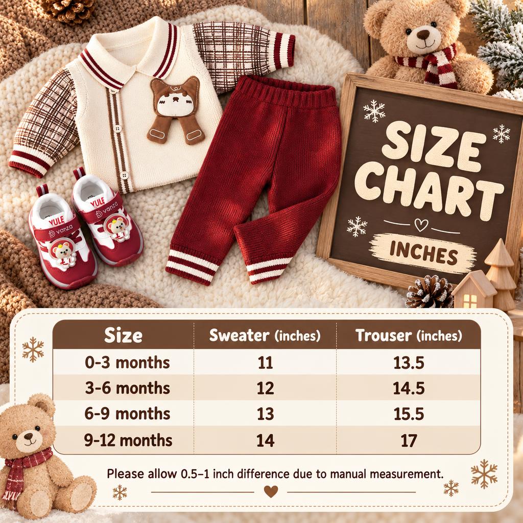 Size chart for baby bear applique check sleeve sweater and trouser set, showing 0-3 to 9-12 month sweater and trouser measurements in inches.