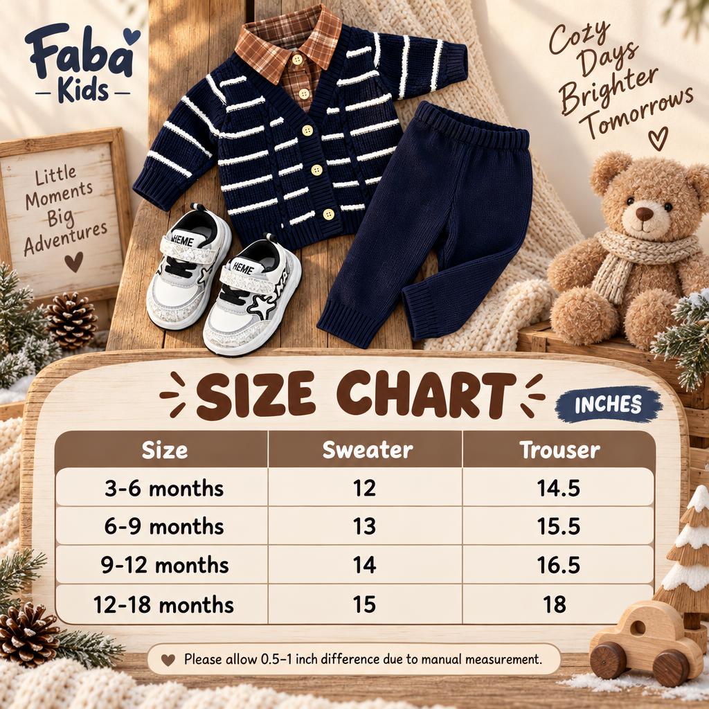 Faba Kids size chart for the Blue check-collar stripe sweater and trouser set, showing sweater and trouser measurements for 3-6 to 12-18 months.