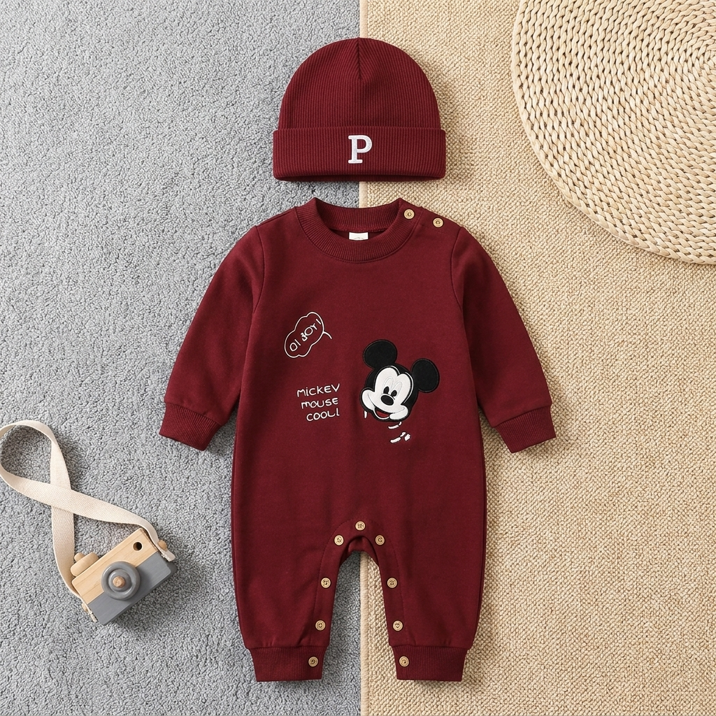 Maroon 2pc baby romper and cap set flat lay - Faba Kids