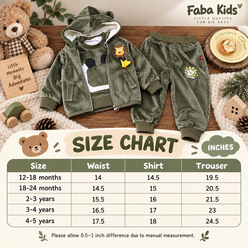 Size chart for the Dark Olive kids hooded velvet jacket, shirt and trouser 3PC suit, showing sizes from 12-18 months to 4-5 years in inches.