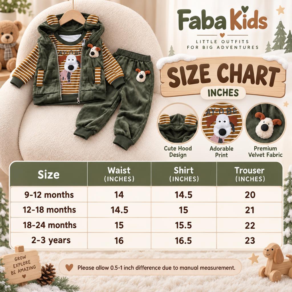 Faba Kids size chart for the Dark Olive Green dog-ear hooded velvet waistcoat, shirt and trouser 3PC suit, showing sizes from 9-12 months to 2-3 years.
