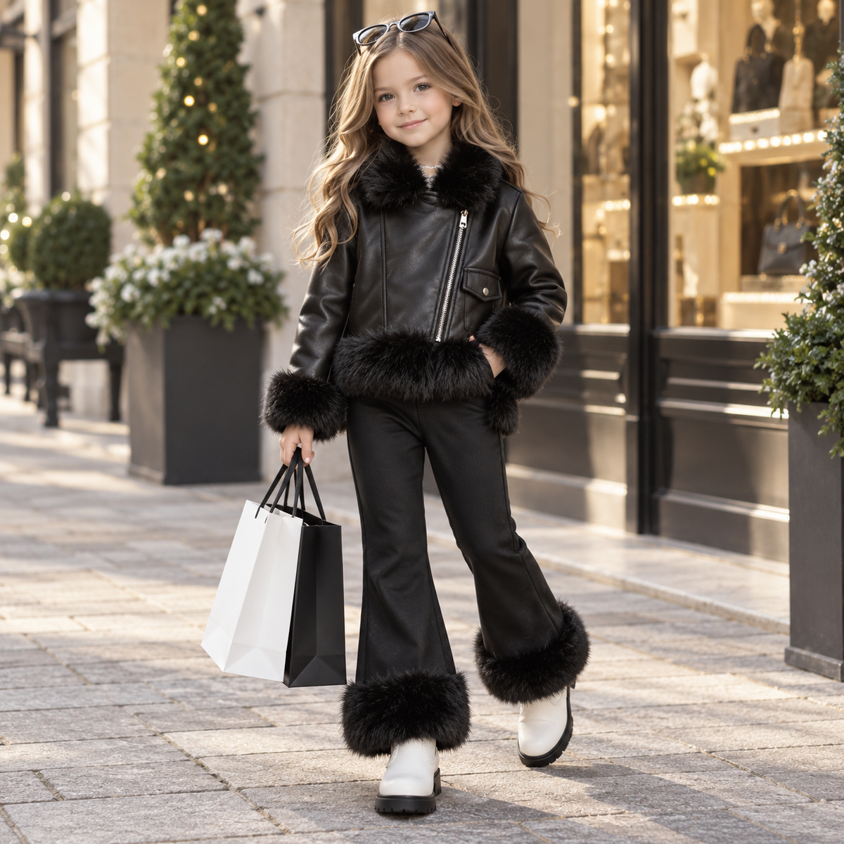 Girls black fur trim jacket and trouser winter set