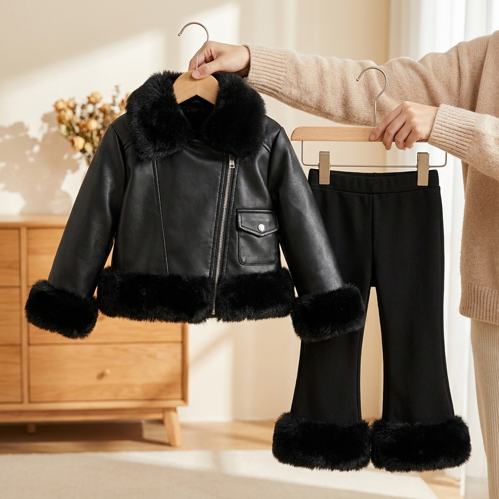 Black 2PC fur trim jacket and trouser set