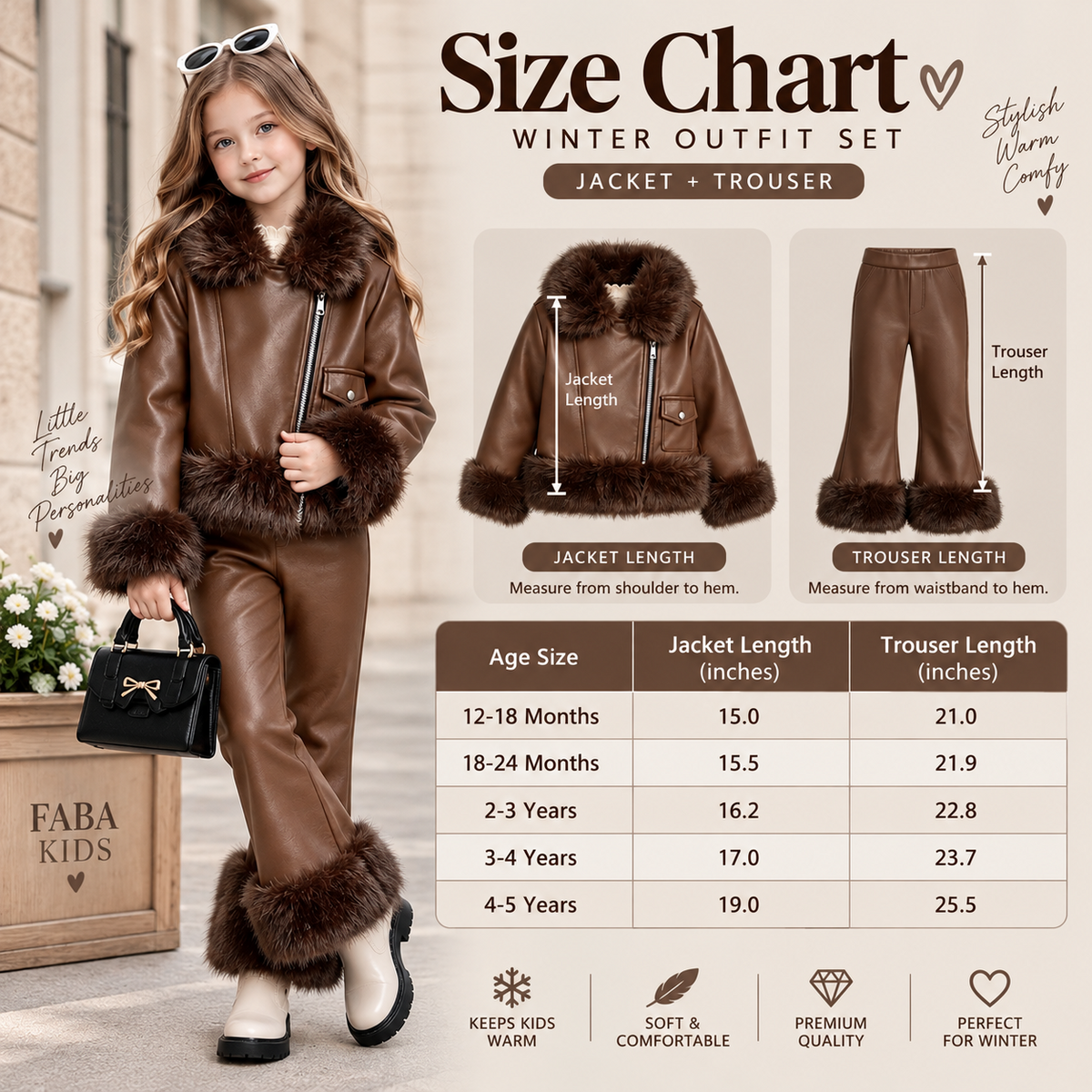 Girls fur trim jacket and trouser size chart 12 months to 5 years