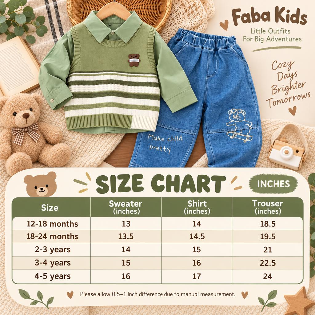 Faba Kids size chart for boys bear stripe knit vest, shirt and denim trouser 3pc suit, covering sizes 12-18 months through 4-5 years in inches.